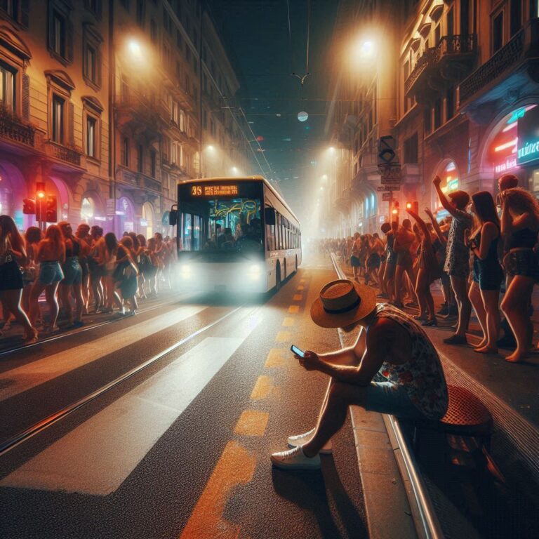 AI prompt described as waiting for the bus in the middle of the night in the street full of partying people