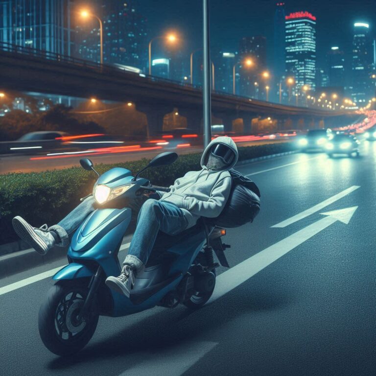 AI prompt of a lazy person cruising trough the night on a moped