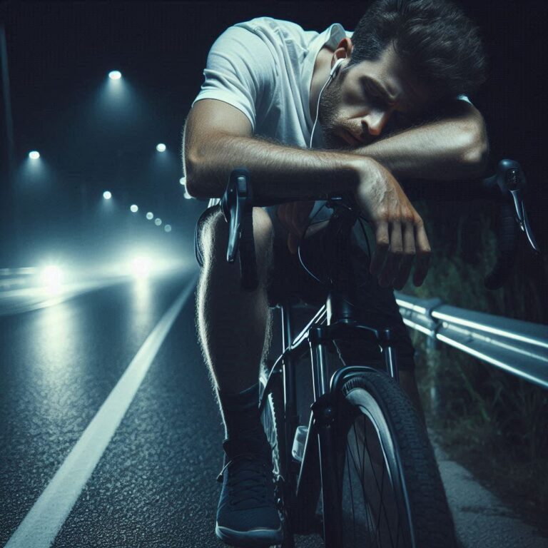 A prompt described as exhausted melancholic person biking through the night on an empty road with no one