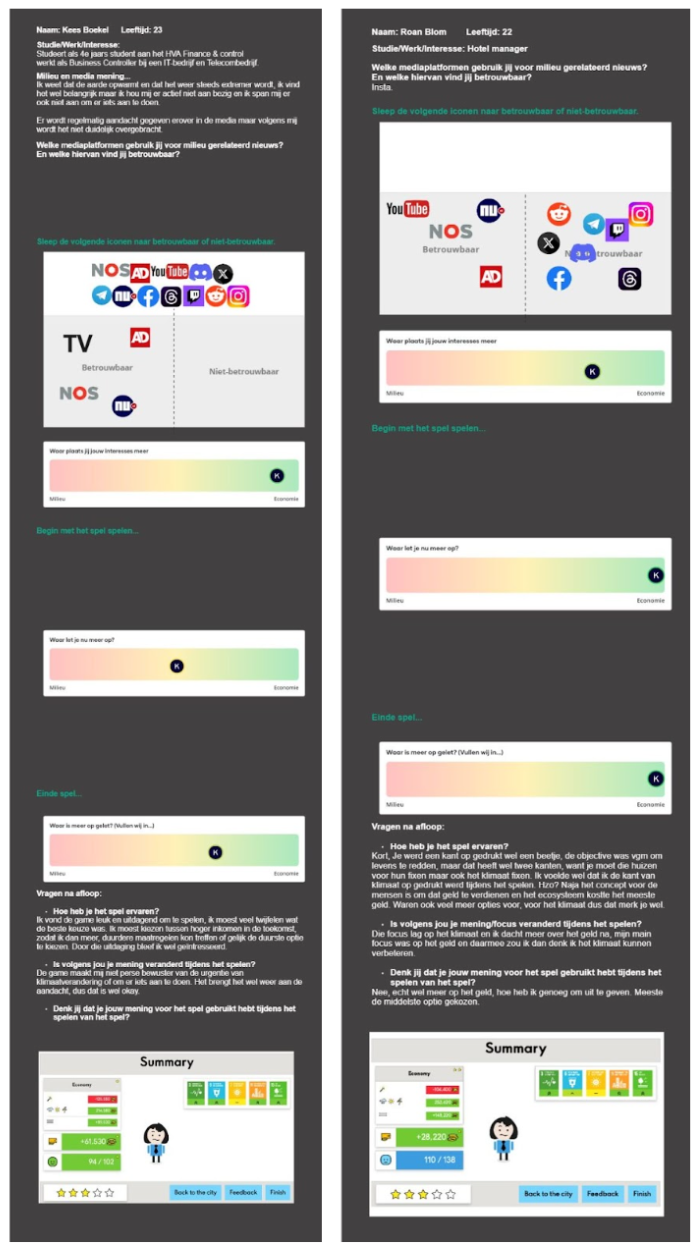 Twee evaluatiepagina’s van een mediaspel met spelersinformatie, antwoorden, en een samenvattingsscherm met scores en beoordelingen.