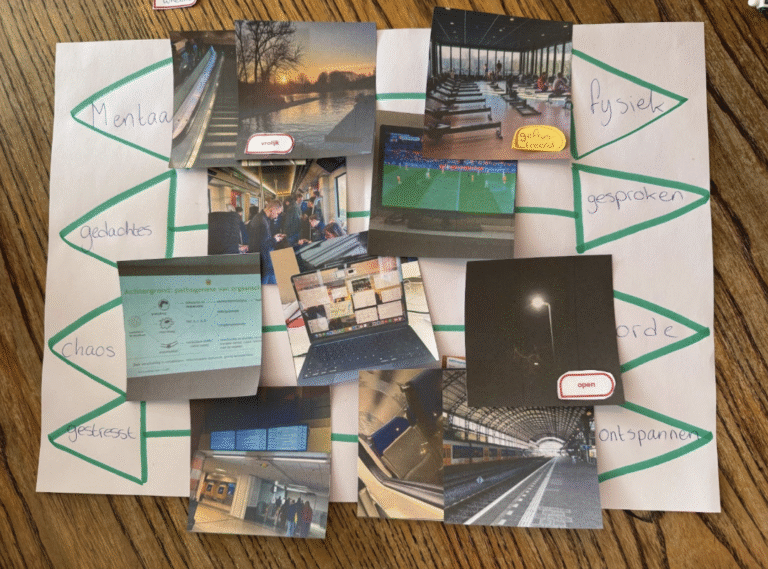 Ten printed photos laid out on a worksheet with labeled axes of opposites such as “social vs. individual” and “disciplined vs. impulsive.” Each photo is positioned based on the participant’s interpretation of its meaning.